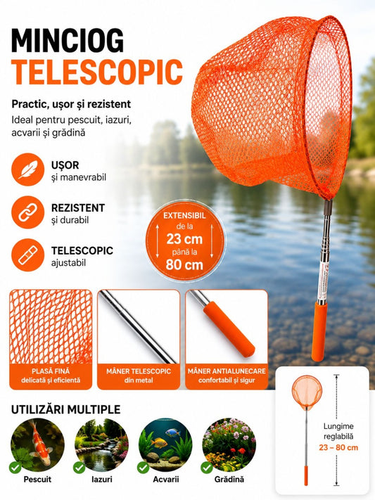 Minciog Telescopic Extensibil Portocaliu 23–80 cm pentru Pescuit și Acvarii – Ușor, Rezistent și Reglabil