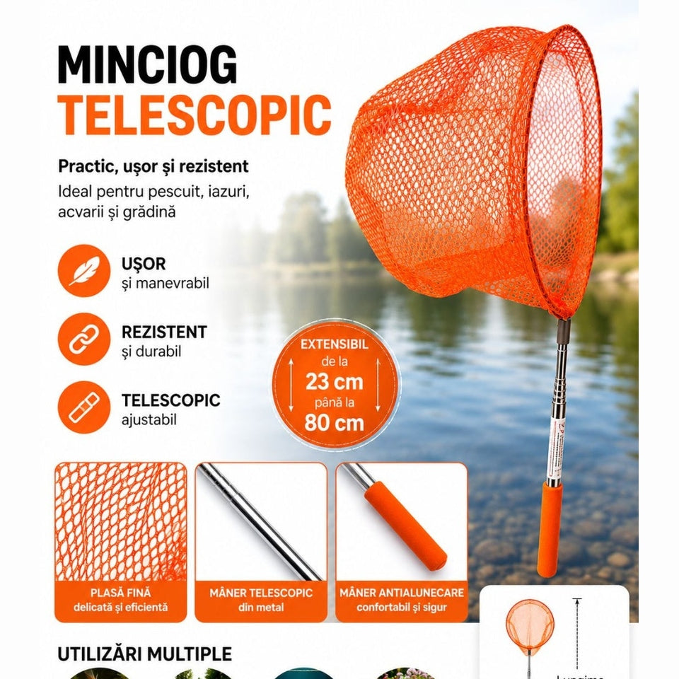 Minciog Telescopic Extensibil Portocaliu 23–80 cm pentru Pescuit și Acvarii – Ușor, Rezistent și Reglabil