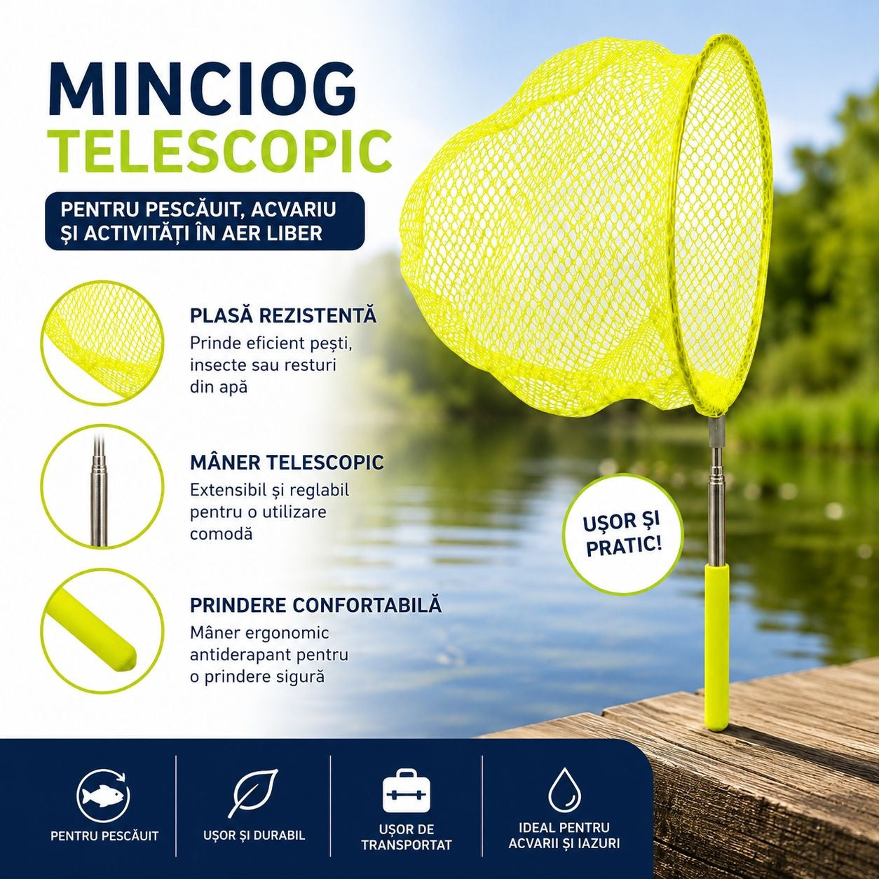 Minciog Telescopic Galben pentru Pescuit și Acvariu – Ușor, Rezistent și Extensibil