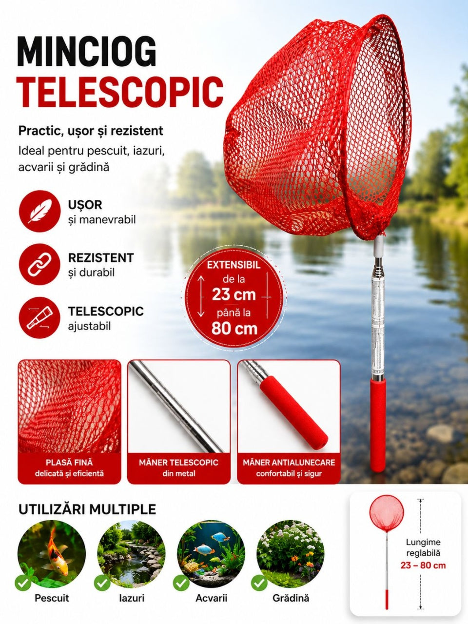 Minciog Telescopic Roșu Extensibil 23–80 cm – pentru Pescuit, Acvarii și Iazuri