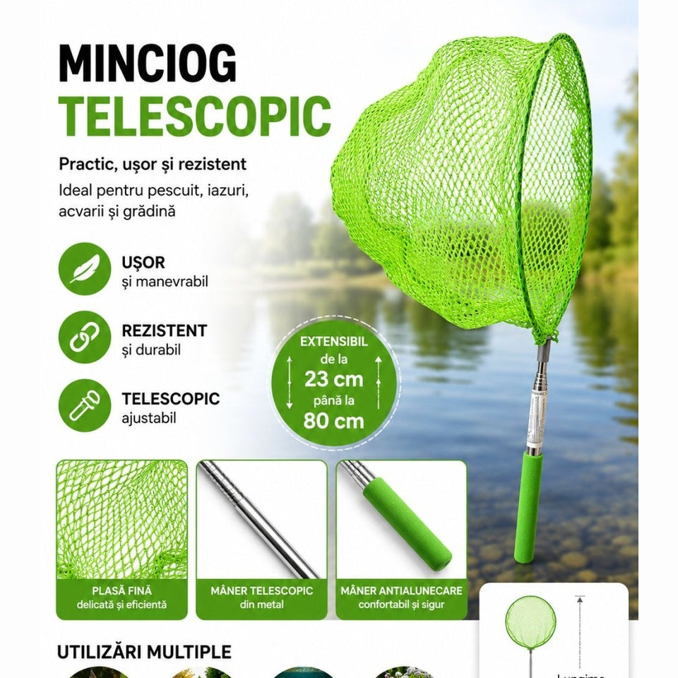 Minciog Telescopic Verde Extensibil 23–80 cm – pentru Pescuit, Acvarii și Iazuri