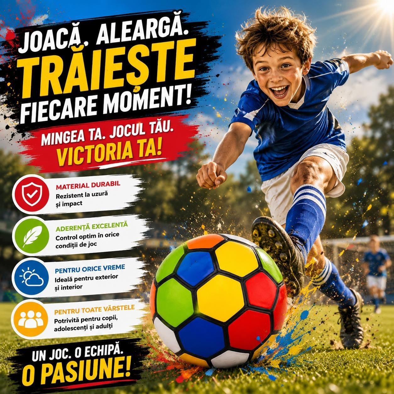 Minge de Fotbal Multicoloră Nr. 5 – Rezistentă, Aderență Excelentă, pentru Copii și Adulți