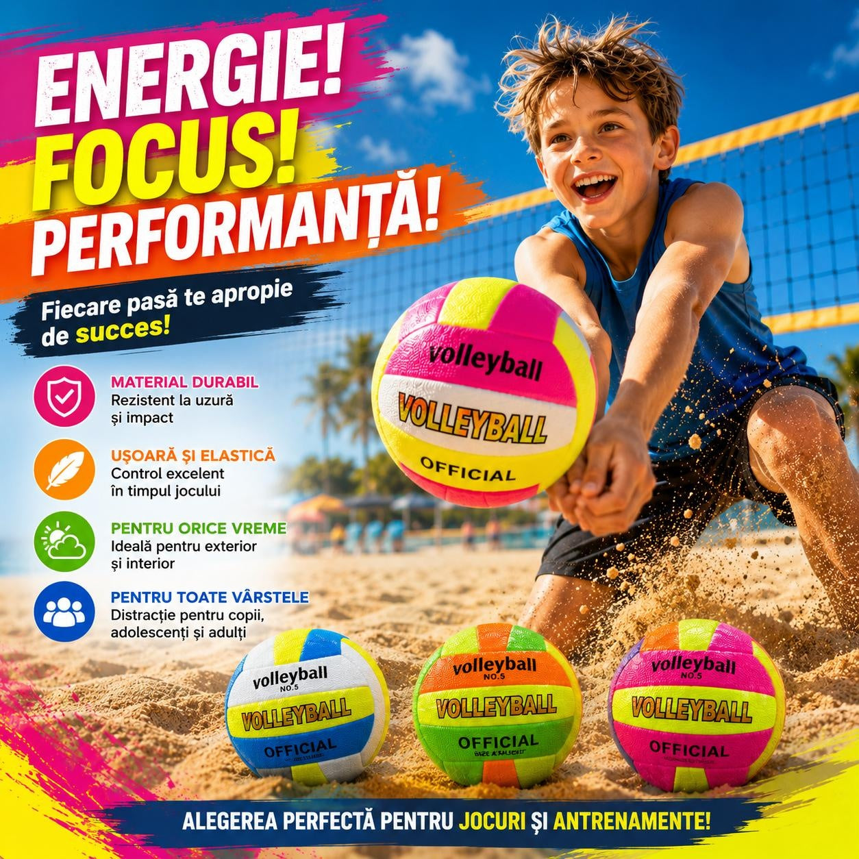 Minge de Volei Oficială – Culori Neon Diverse, Model Aleatoriu pentru Plajă și Sport
