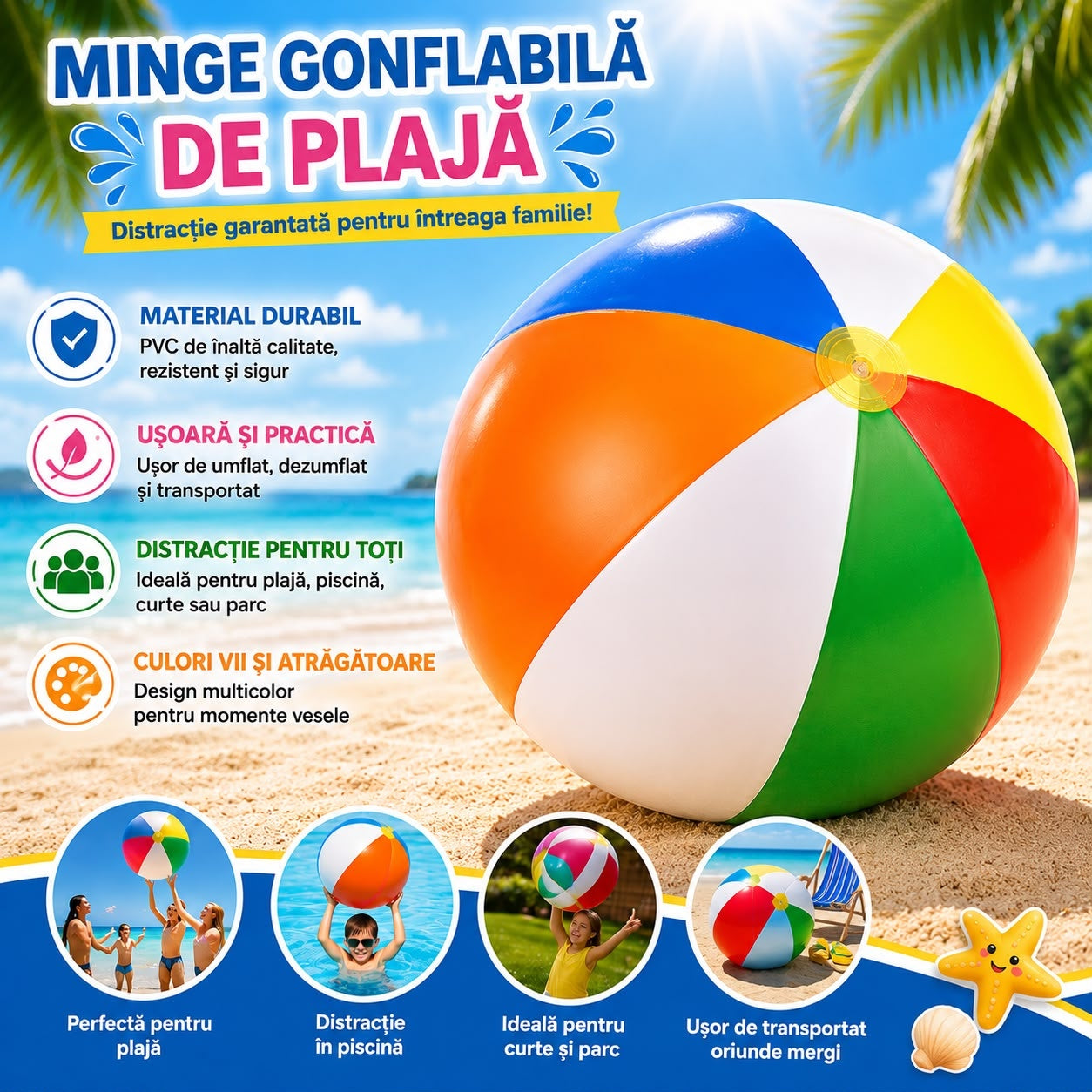 Minge Gonflabilă de Plajă Multicoloră – Minge pentru Piscină, Mare și Joacă în Aer Liber