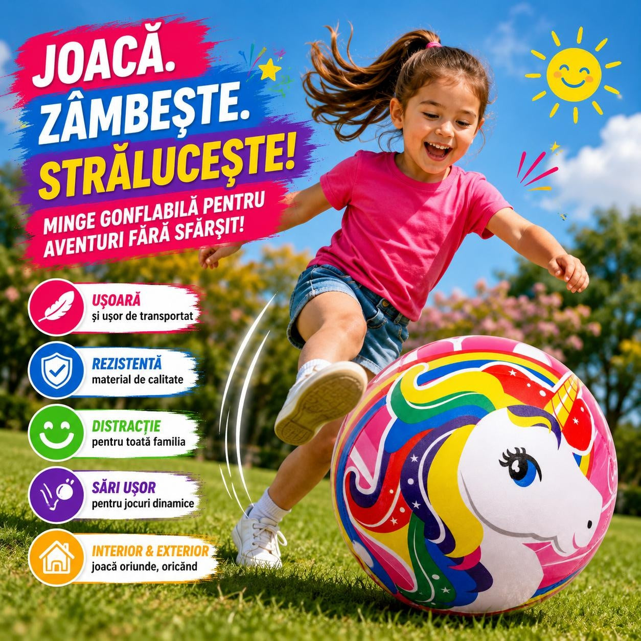 Minge Gonflabilă Unicorn pentru Copii - Ușoară, Rezistentă și Perfectă pentru Joacă în Exterior