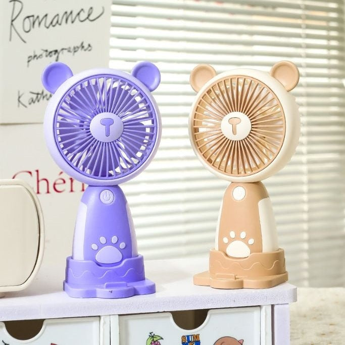 Mini Ventilator Portabil USB cu 3 Viteze, Suport Telefon si Baza, Model Urs, Bej