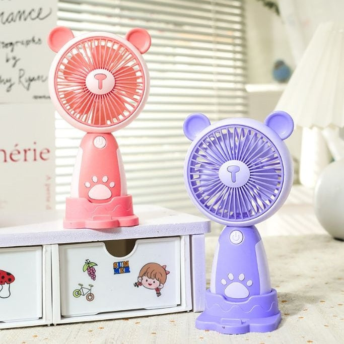 Mini Ventilator Portabil USB cu 3 Viteze, Suport Telefon si Baza, Model Urs, Roz