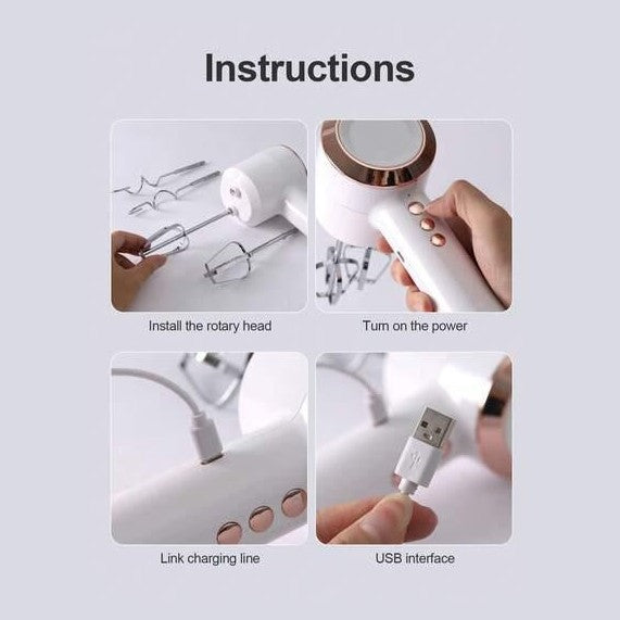 Mixer electric portabil 2 in 1 cu accesorii, reincarcabil USB, alb