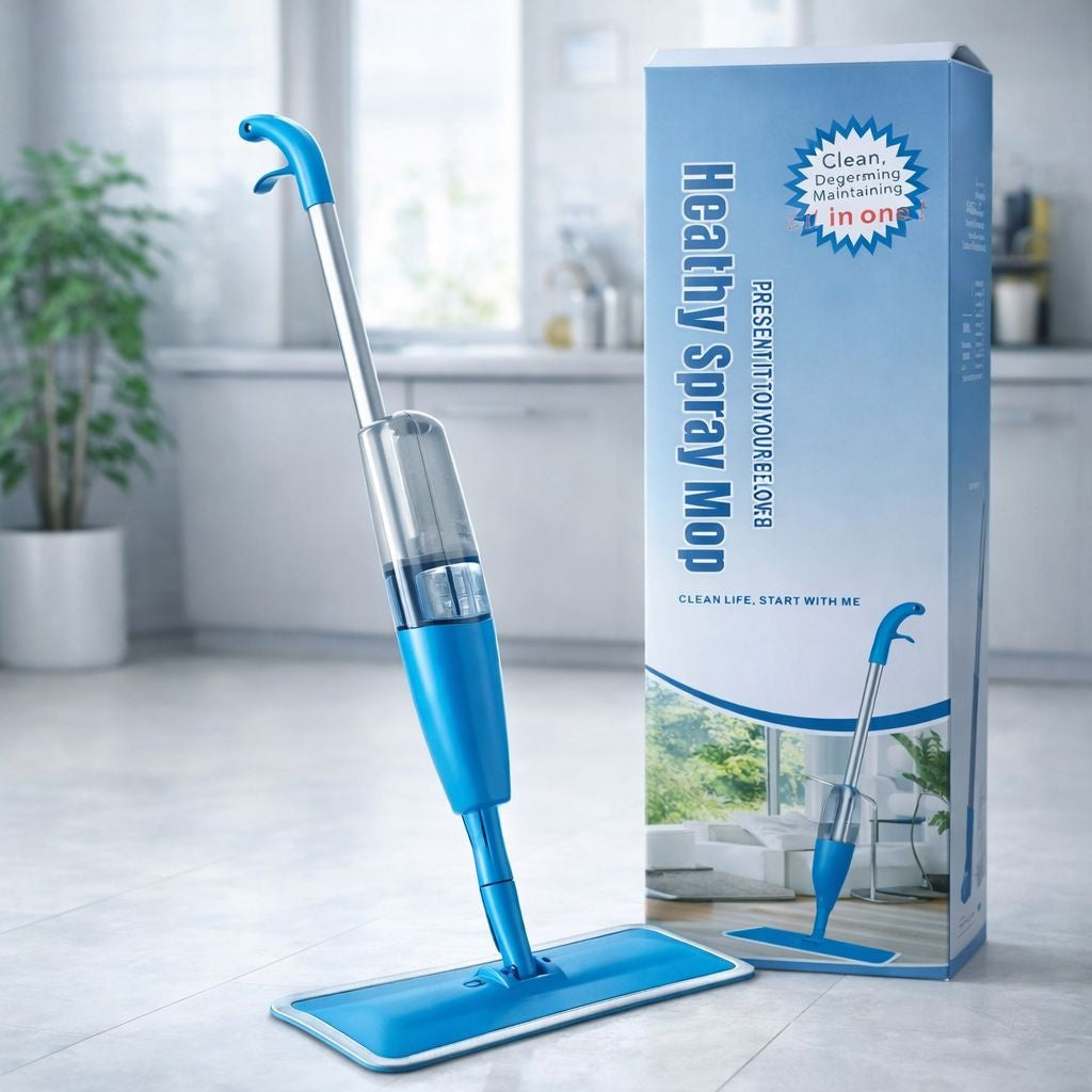 Mop plat cu pulverizator și rezervor integrat pentru curățarea rapidă a pardoselilor, Albastru
