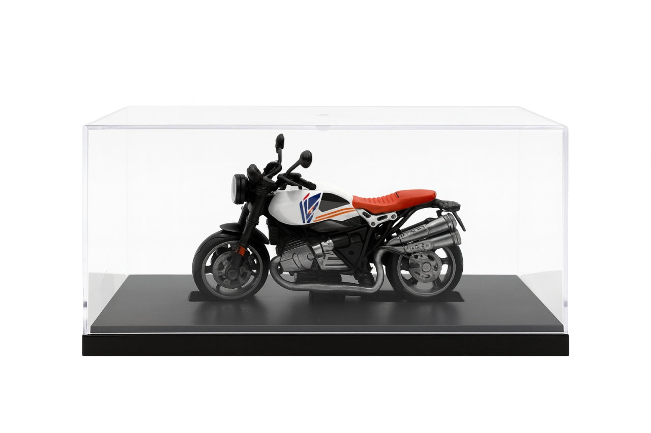 Motocicleta Metalica Die-Cast , Model Retro Cafe Racer Alb cu Sa Rosie, 19x9 cm