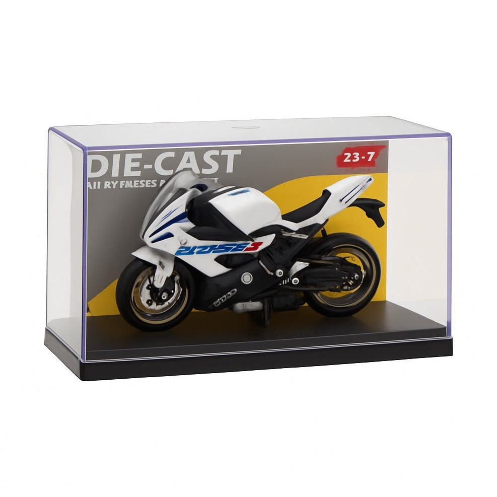 Motocicleta Metalica Die-Cast , Model Sport Alb, 19x9 cm, cu Vitrina Transparenta