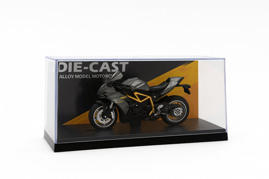 Motocicleta Metalica Die-Cast , Model Sport Gri-Negru cu Galben, 19x9 cm, cu Vitrina Transparenta