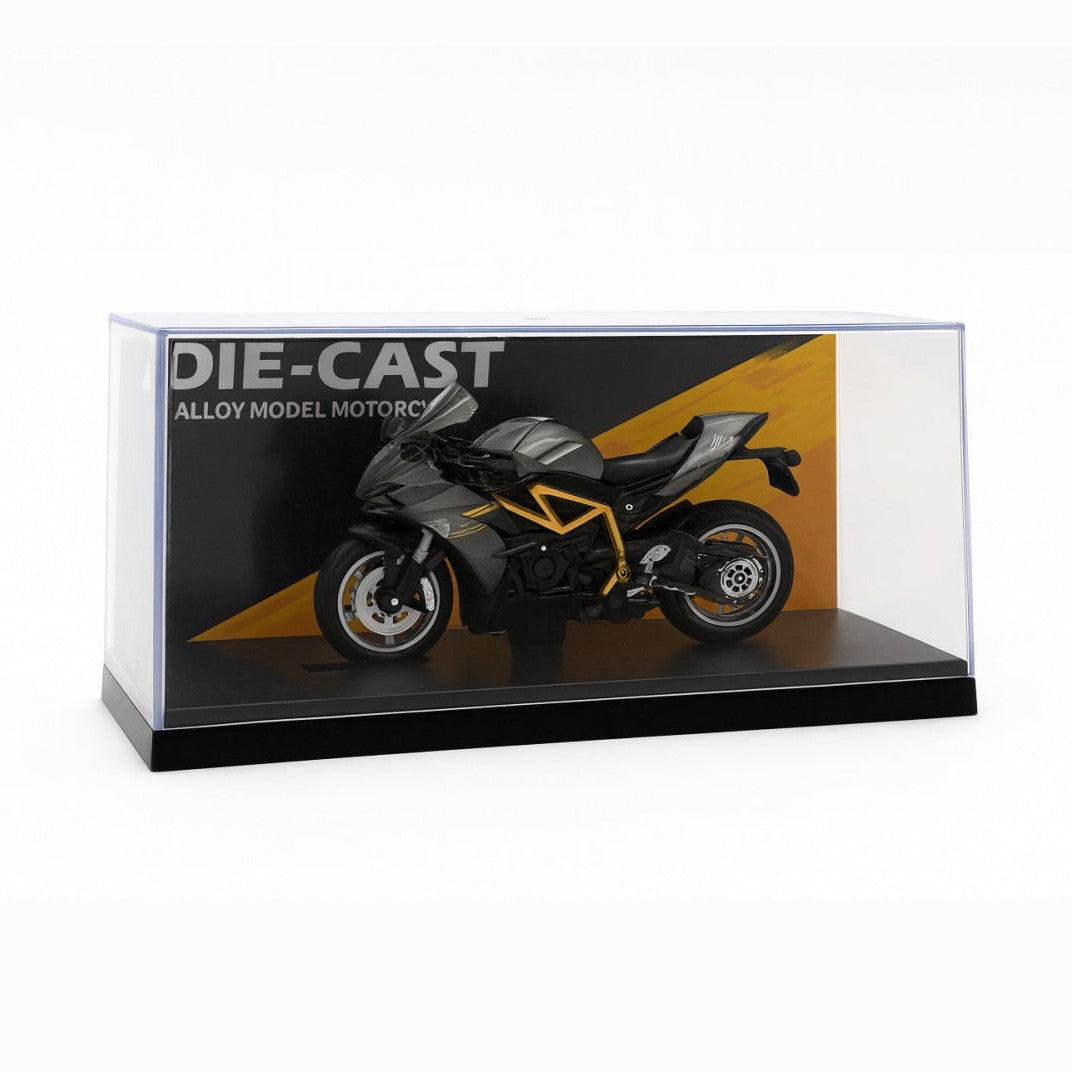 Motocicleta Metalica Die-Cast , Model Sport Gri-Negru cu Galben, 19x9 cm, cu Vitrina Transparenta