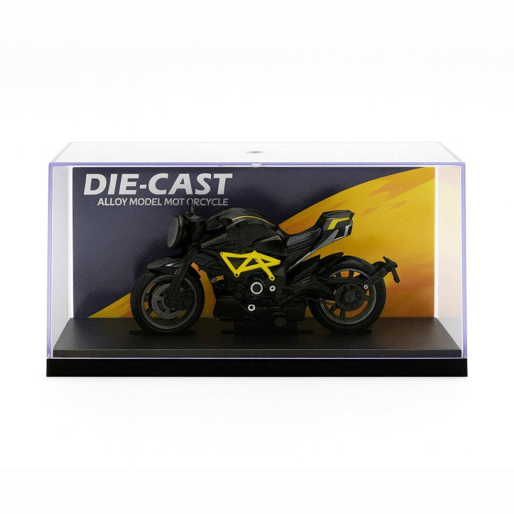 Motocicleta Metalica Die-Cast , Model Sport Negru cu Galben, 19x9 cm, cu Vitrina Transparenta