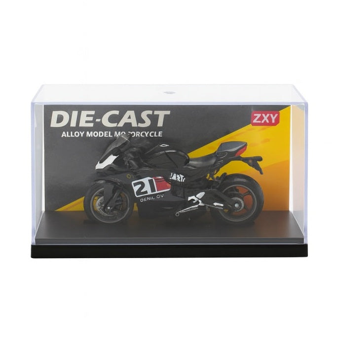 Motocicleta Metalica Die-Cast , Model Sport Racing Negru, Nr. 21, 19x9 cm, cu Vitrina Transparenta