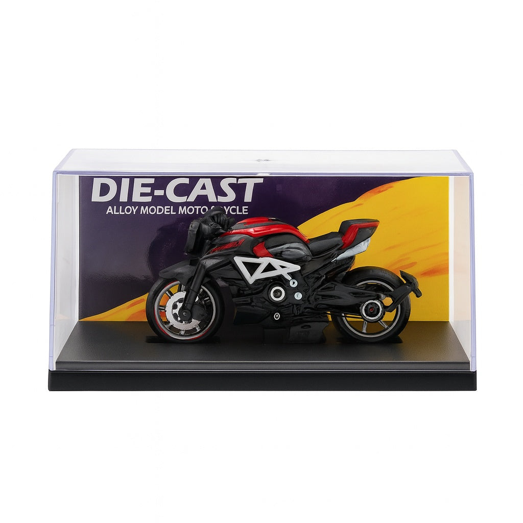 Motocicleta Metalica Die-Cast , Model Sport Rosu-Negru, 19x9 cm, cu Vitrina Transparenta