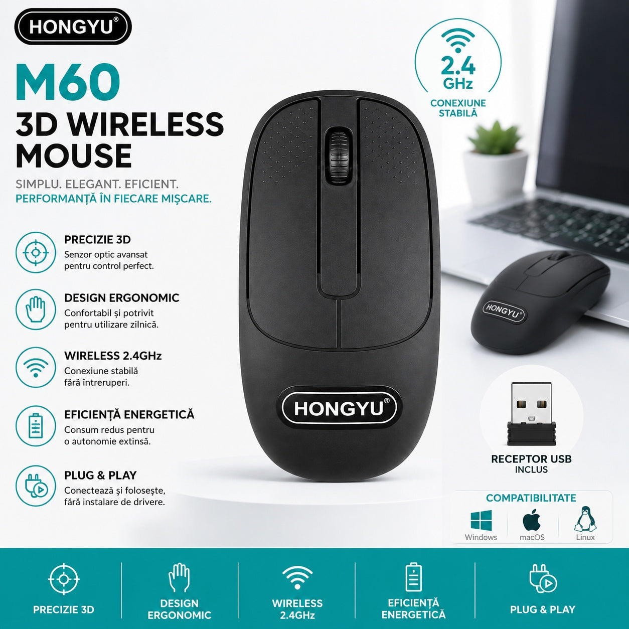 Mouse Wireless M60 Negru 2.4GHz – Mouse Optic Wireless Ergonomic cu Receptor USB pentru PC și Laptop