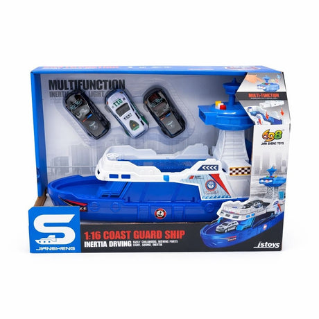 Nava politie tip paza de coasta cu masini, sunete si lumini, set multifunctional, 32x22.5x13 cm