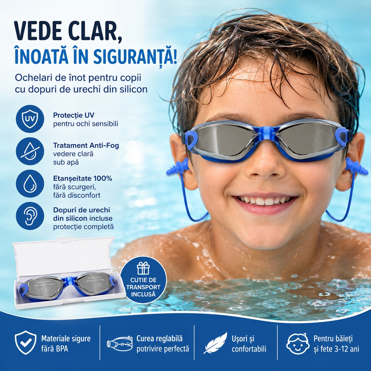 Ochelari de inot copii albastri reglabili cu dopuri de urechi din silicon anti-fog UV