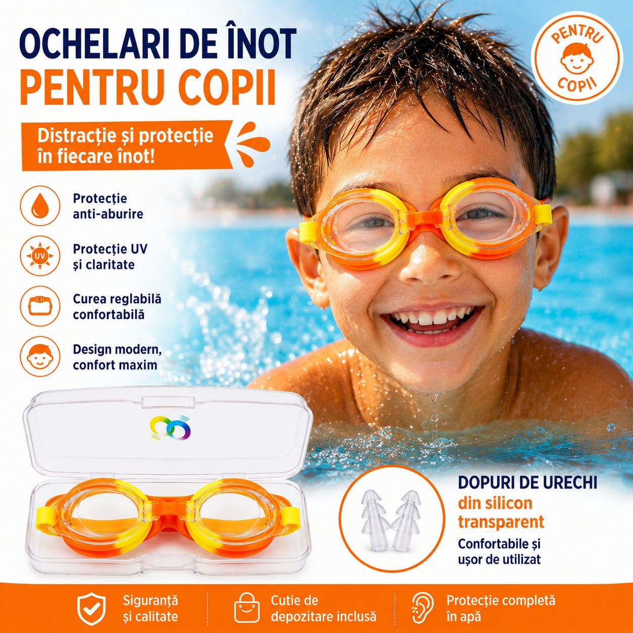 Ochelari de inot copii portocaliu-galben, reglabili, cu dopuri urechi silicon