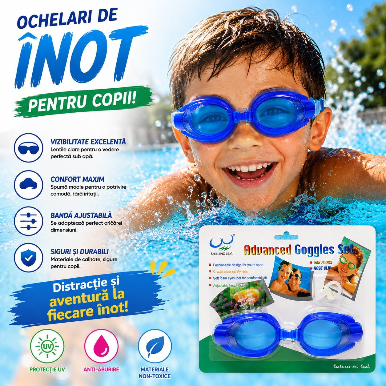 Ochelari de Înot pentru Copii Albaștri – Reglabili, Anti-aburire, Protecție UV, Confort Maxim