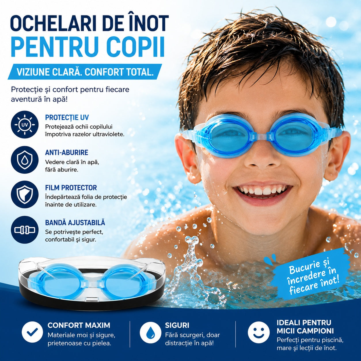 Ochelari de Înot pentru Copii Albastru Deschis – Reglabili, Anti-Aburire și Protecție UV