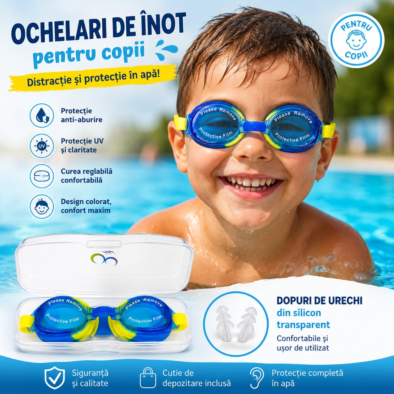 Ochelari de inot pentru copii albastru-galben, reglabili, cu dopuri urechi silicon