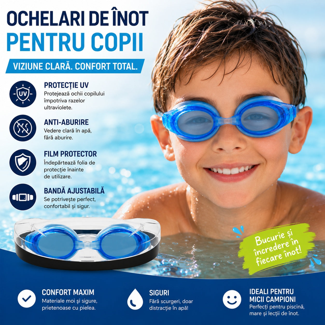 Ochelari de Înot pentru Copii Albastru Închis – Reglabili, Anti-Aburire și Protecție UV