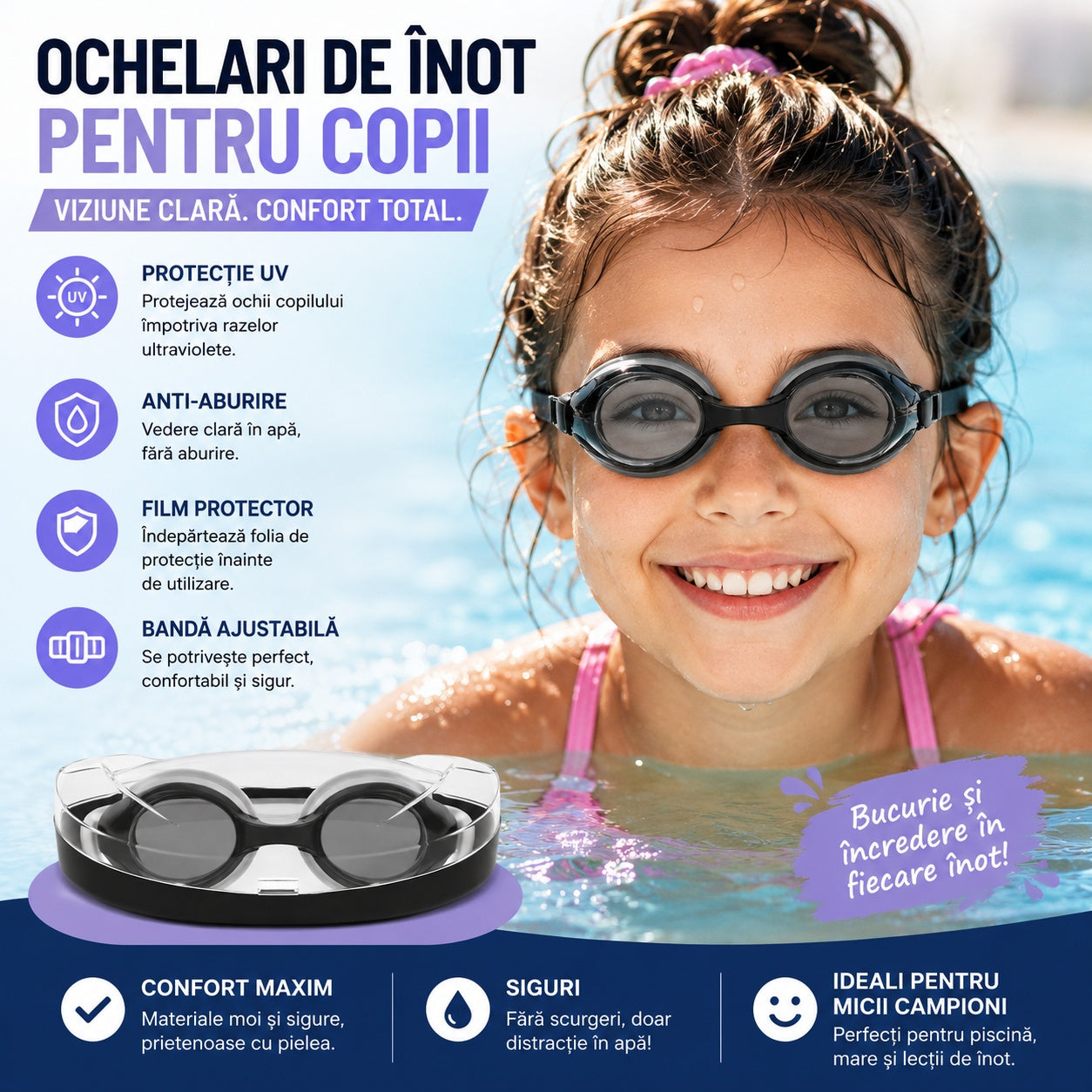 Ochelari de Înot pentru Copii Gri – Reglabili, Anti-Aburire și Protecție UV