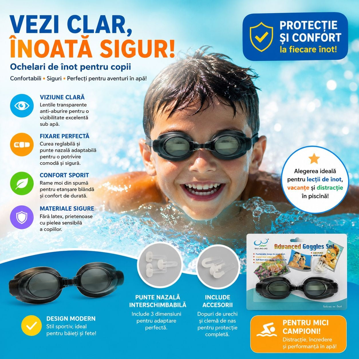 Ochelari de Înot pentru Copii Negru – Reglabili, Anti-aburire, Protecție UV, Confort Maxi