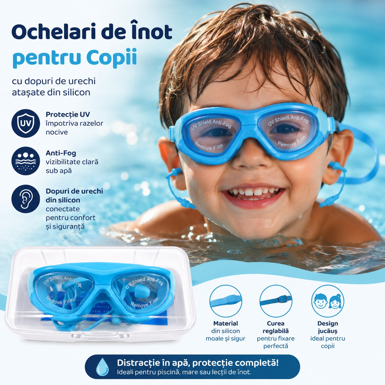 Ochelari de Inot pentru Copii Reglabili cu Dopuri de Urechi din Silicon Anti-Fog UV bleu