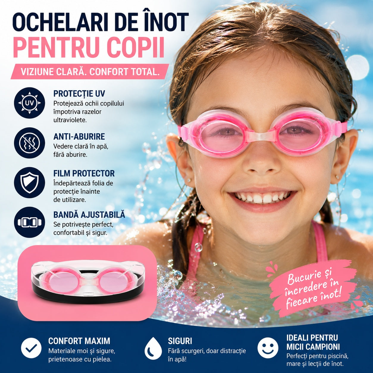 Ochelari de Înot pentru Copii Roz – Reglabili, Anti-Aburire și Protecție UV