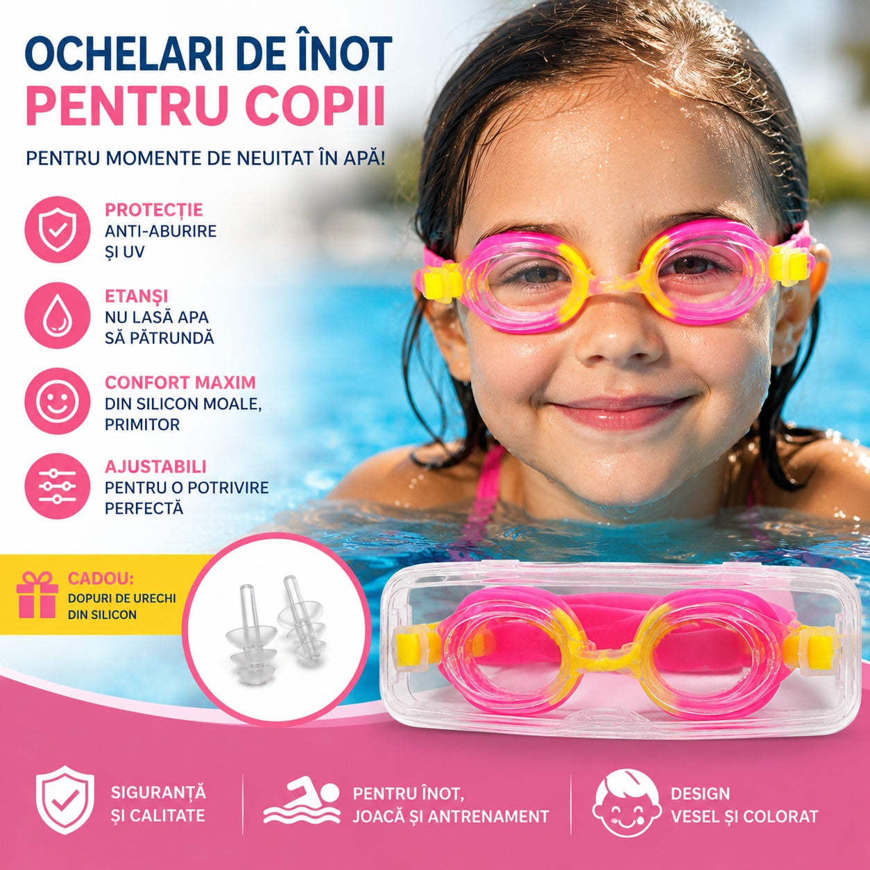 Ochelari de inot pentru copii roz galben reglabili cu dopuri de urechi din silicon