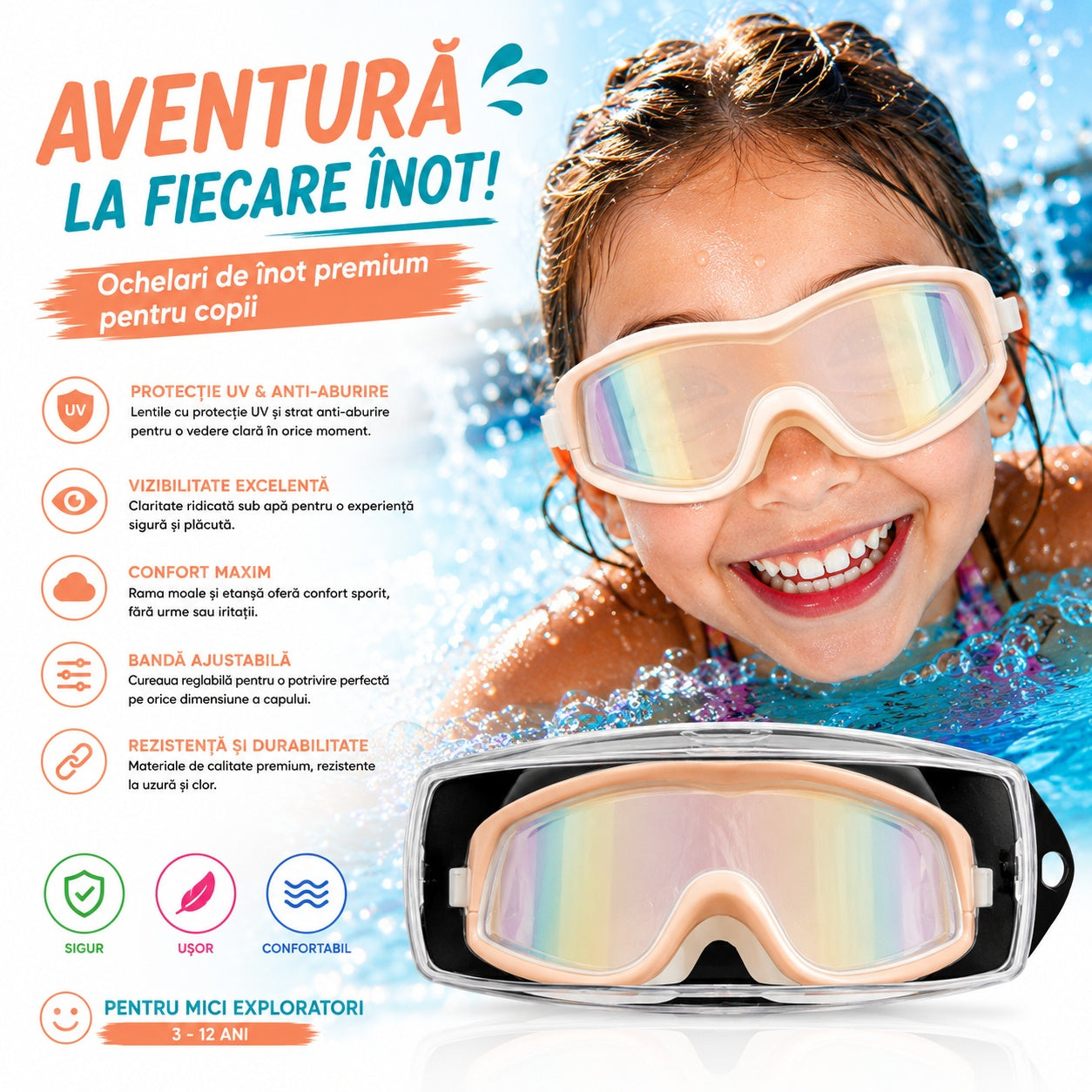 Ochelari de Înot Premium pentru Copii Alb cu Roz – Anti-aburire, Protecție UV, Bandă Reglabilă