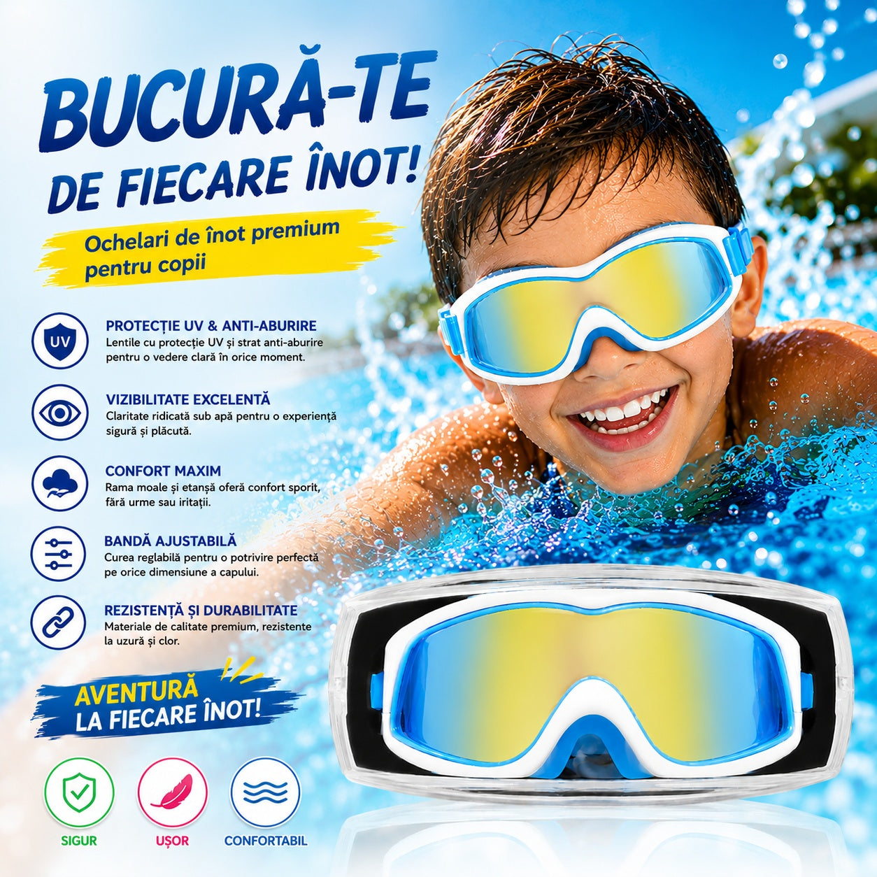 Ochelari de Înot Premium pentru Copii Albastru cu Alb – Anti-aburire, Protecție UV, Bandă Reglabilă