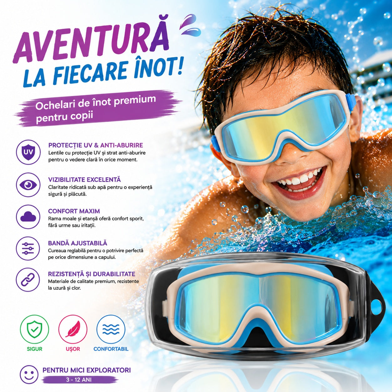 Ochelari de Înot Premium pentru Copii Albastru cu Roz – Anti-aburire, Protecție UV, Bandă Reglabilă