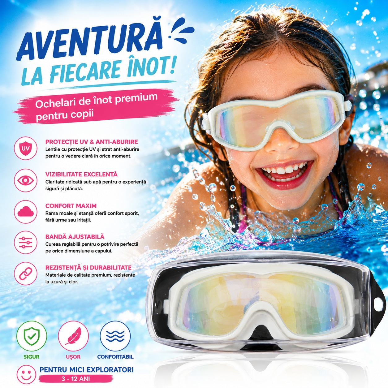Ochelari de Înot Premium pentru Copii Albi – Anti-aburire, Protecție UV, Bandă Reglabilă