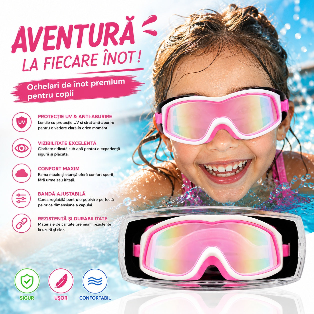Ochelari de Înot Premium pentru Copii Roz cu Alb – Anti-aburire, Protecție UV, Bandă Reglabilă