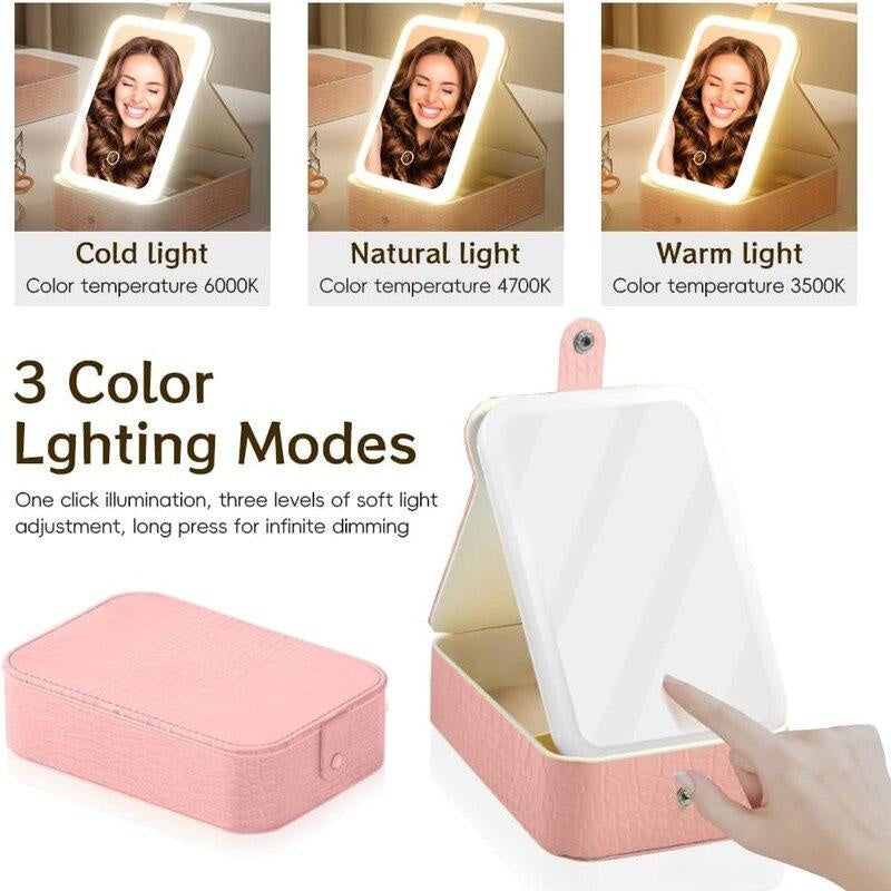 Oglinda cosmetica LED cu organizator bijuterii si cosmetice, 3 moduri lumina, reincarcabila, roz