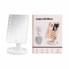 Oglindă cosmetică LED mare, rotire 360°, lumină reglabilă, suport stabil