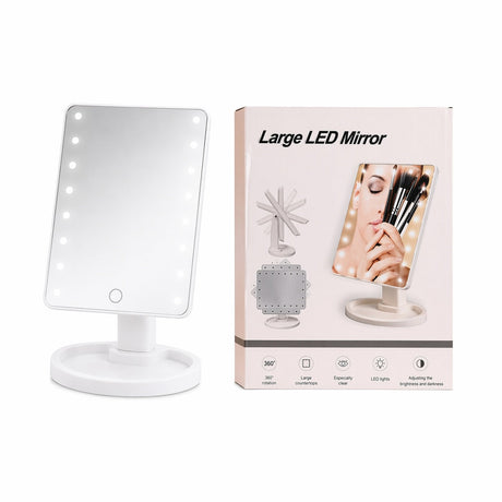 Oglindă cosmetică LED mare, rotire 360°, lumină reglabilă, suport stabil