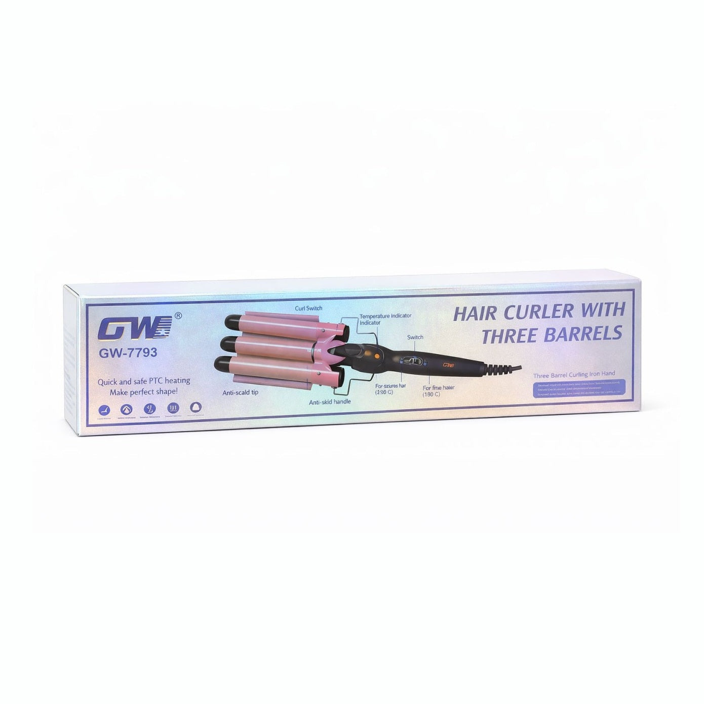 Ondulator par profesional 3 cilindri GW-7793, bucle tip valuri, incalzire PTC, roz cu negru