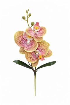 Orhidee artificiala 3 flori cu boboci si frunze 37 cm verde tigrat violet