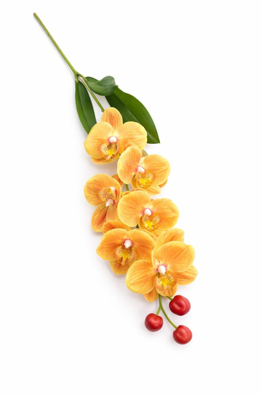 Orhidee artificiala eleganta galben-portocaliu, 6 flori si 3 boboci, 60 cm