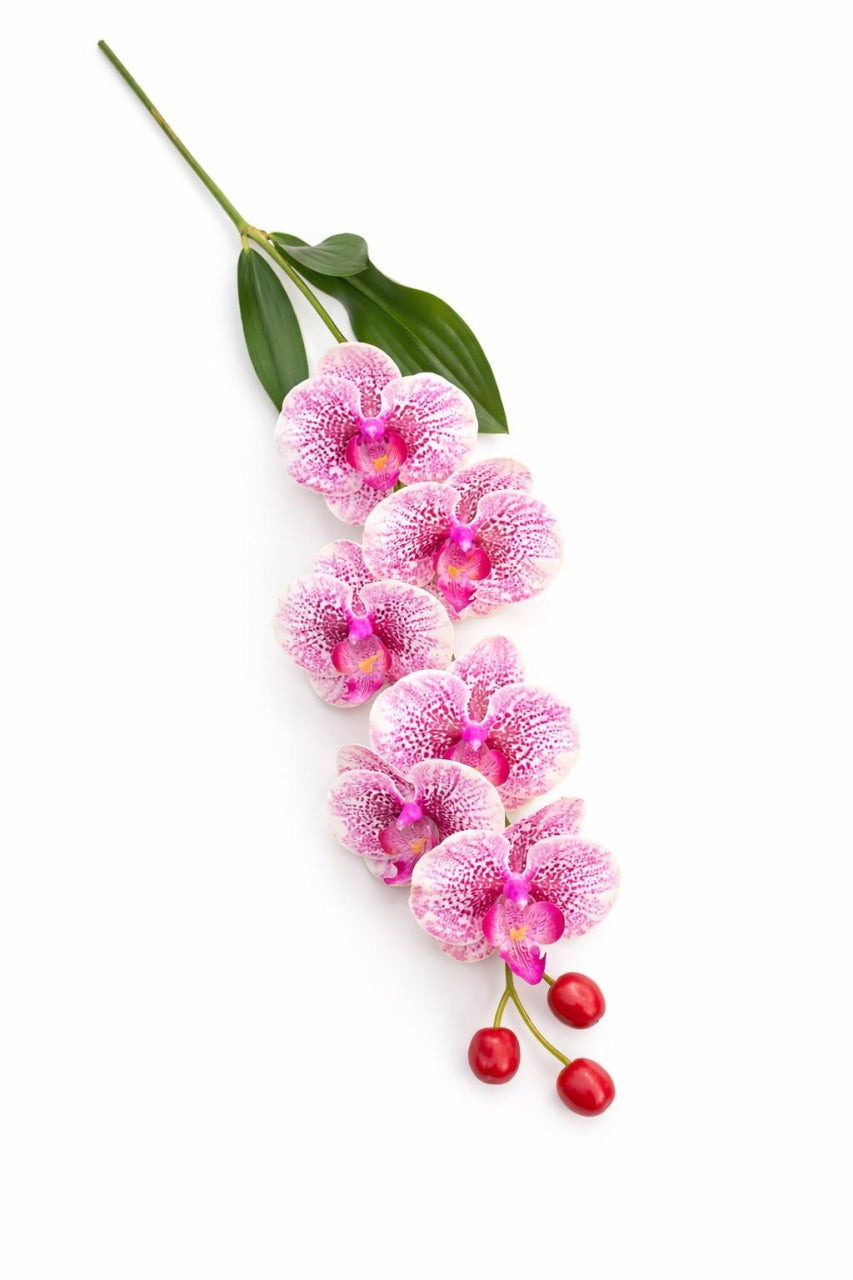 Orhidee artificiala eleganta verde deschis cu accente violet, 6 flori, 60 cm