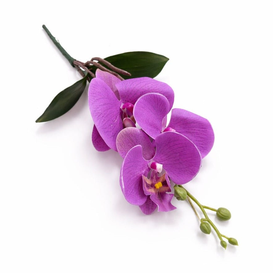 Orhidee artificiala mov delicat cu 3 flori si boboci, frunze decorative 37 cm