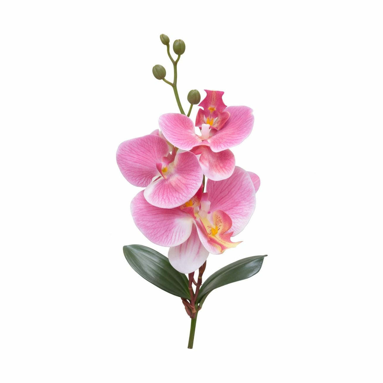 Orhidee artificiala roz delicat cu alb, 3 flori si boboci, frunze decorative 37 cm