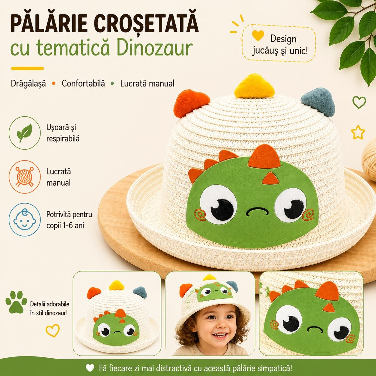 Palarie alba copii cu dinozaur verde, crosetata manual, bumbac