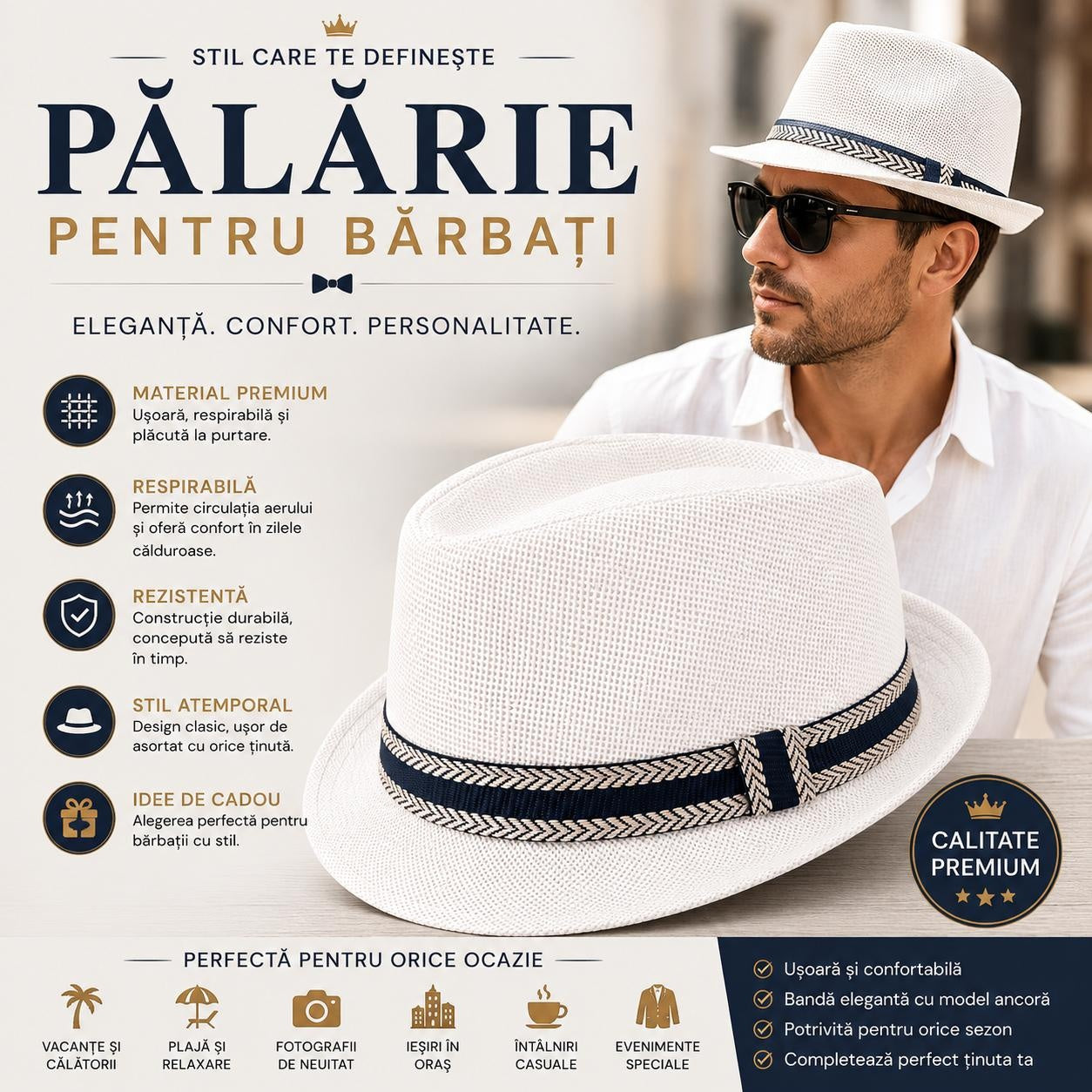 Pălărie Albă Panama pentru Bărbați – Elegantă, Respirabilă și Ușoară pentru Vară
