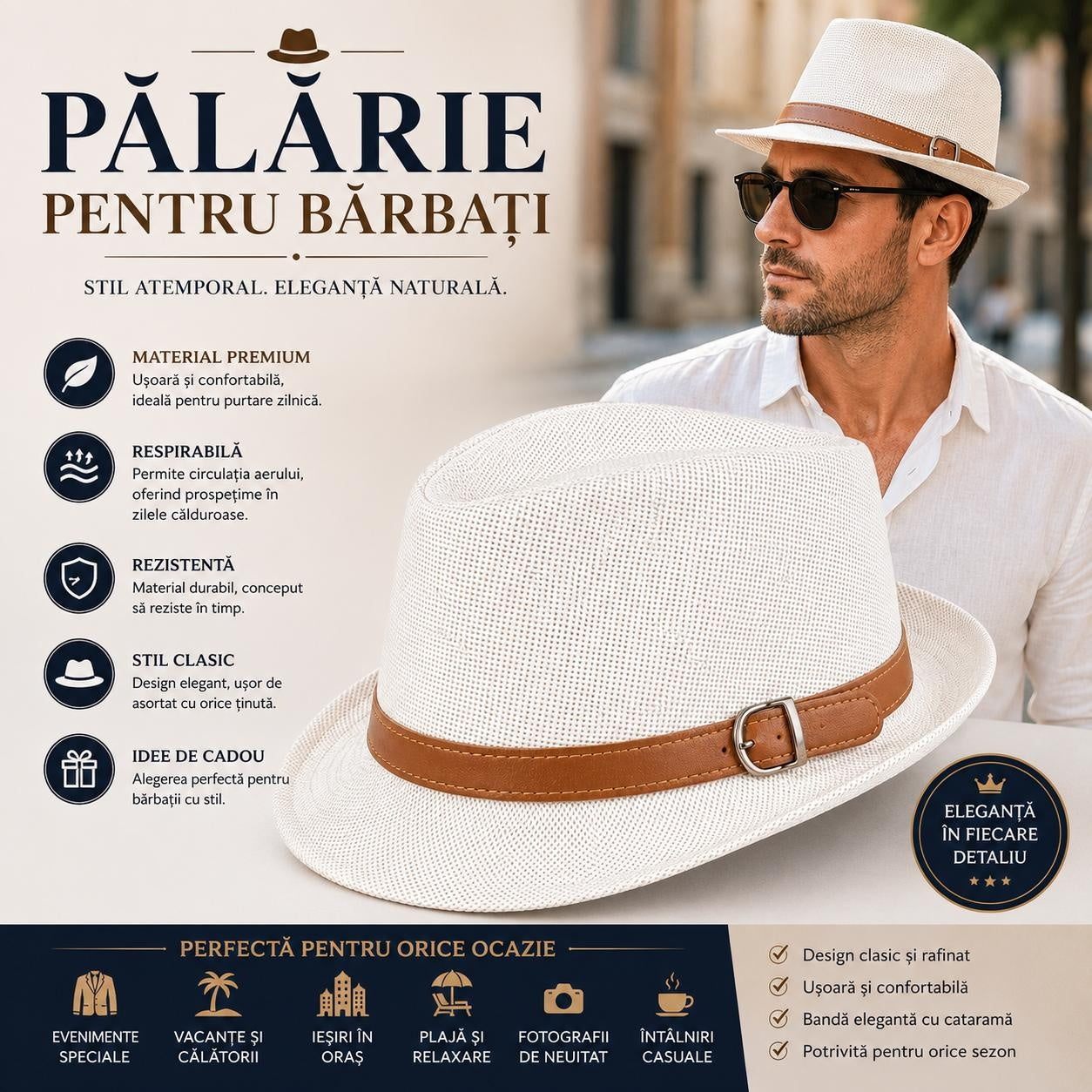 Pălărie Albă pentru Bărbați cu Bandă Maro și Cataramă – Elegantă și Respirabilă